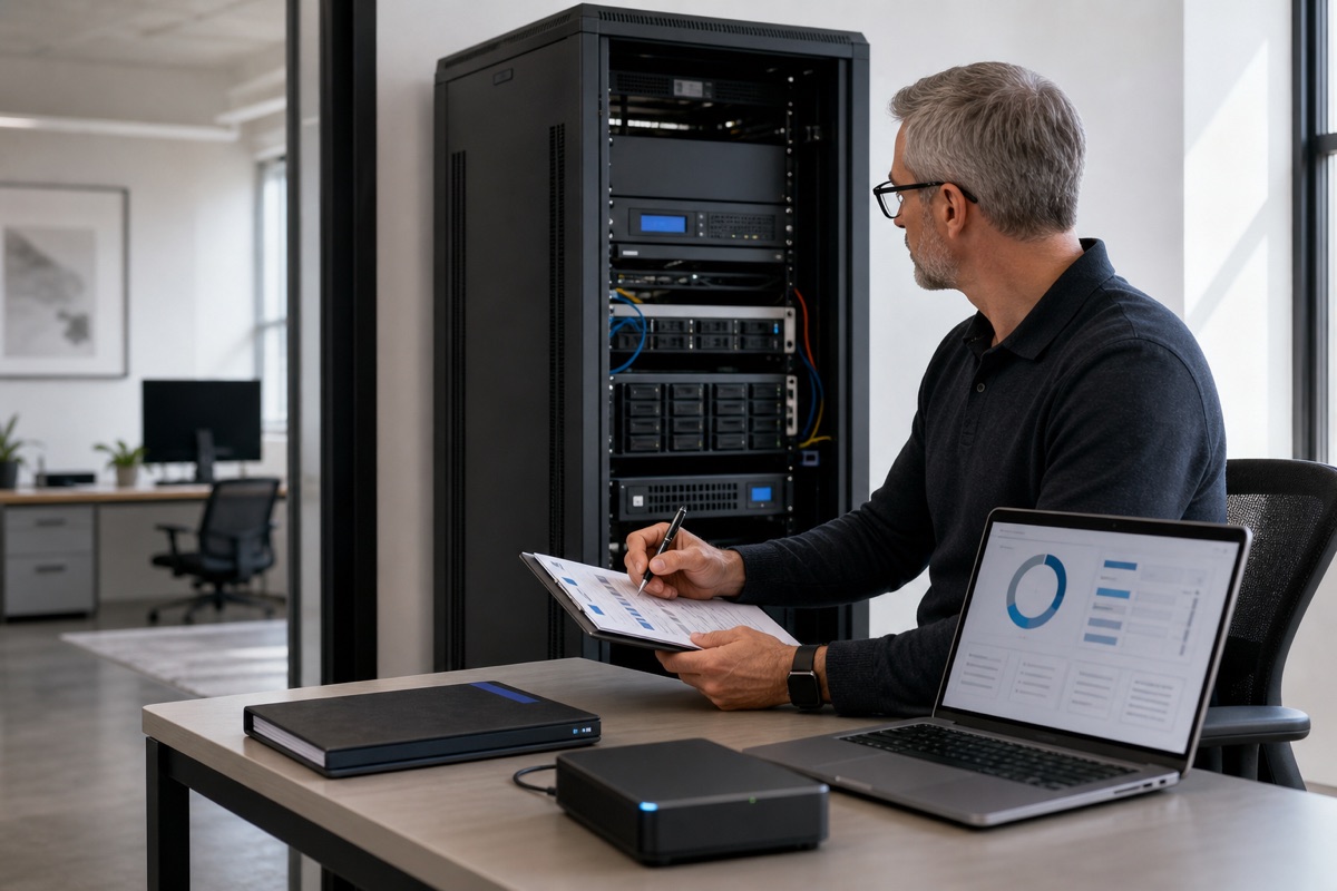 IT specialist reviewing business backup status and documented disaster recovery priorities