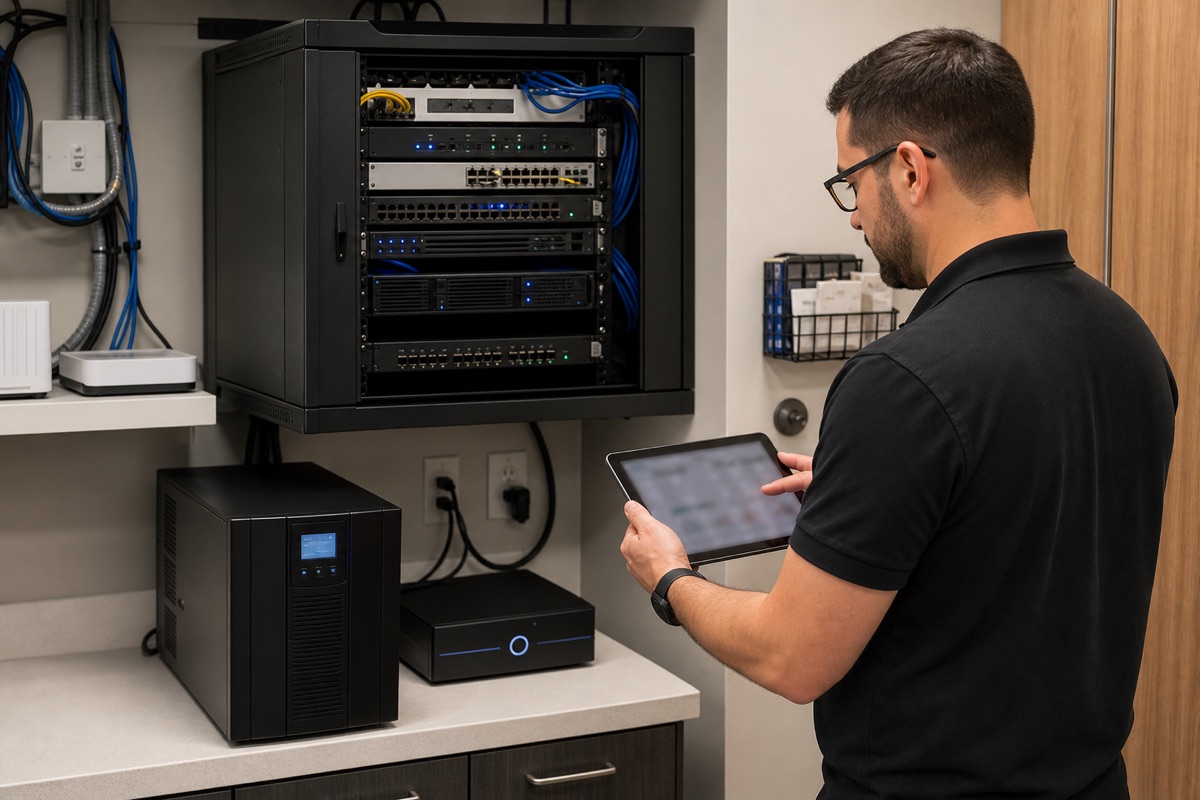Illustrative technician reviewing protected network and backup equipment in a dental back office