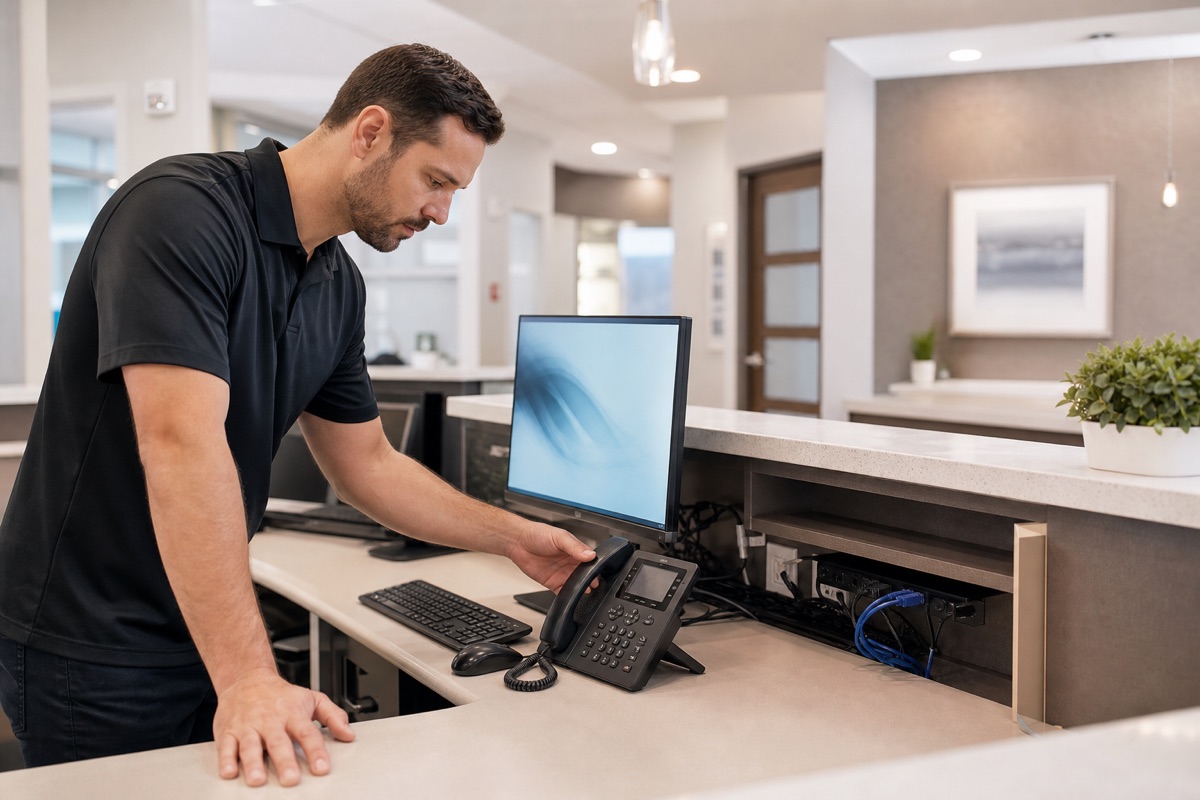 Illustrative IT technician checking a dental reception workstation and phone connection