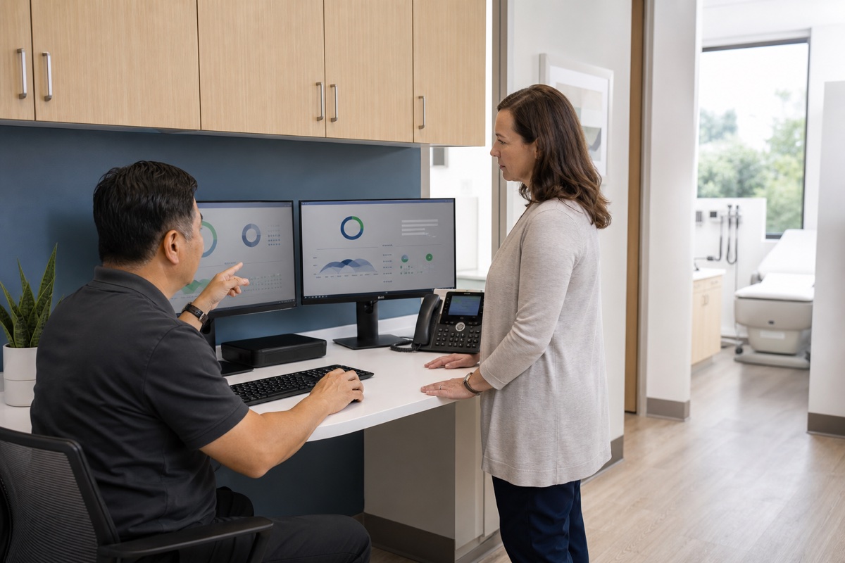 Healthcare IT specialist reviewing secure clinical and administrative systems with an outpatient practice administrator