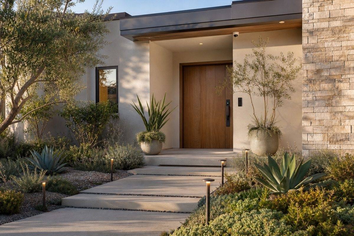 Illustrative home entry with smart lock, video intercom, camera, and pathway lighting