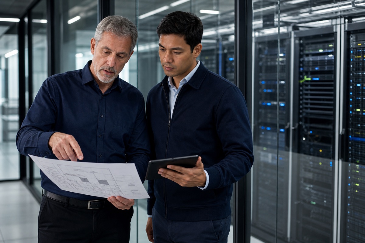 Cybersecurity advisor and IT leader reviewing enterprise security architecture beside a data center