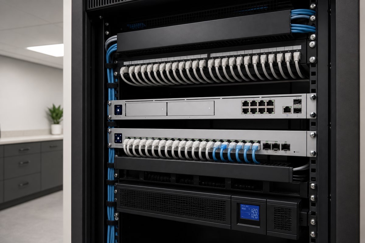 Illustrative UniFi network rack with organized switching, patching, power, and cabling
