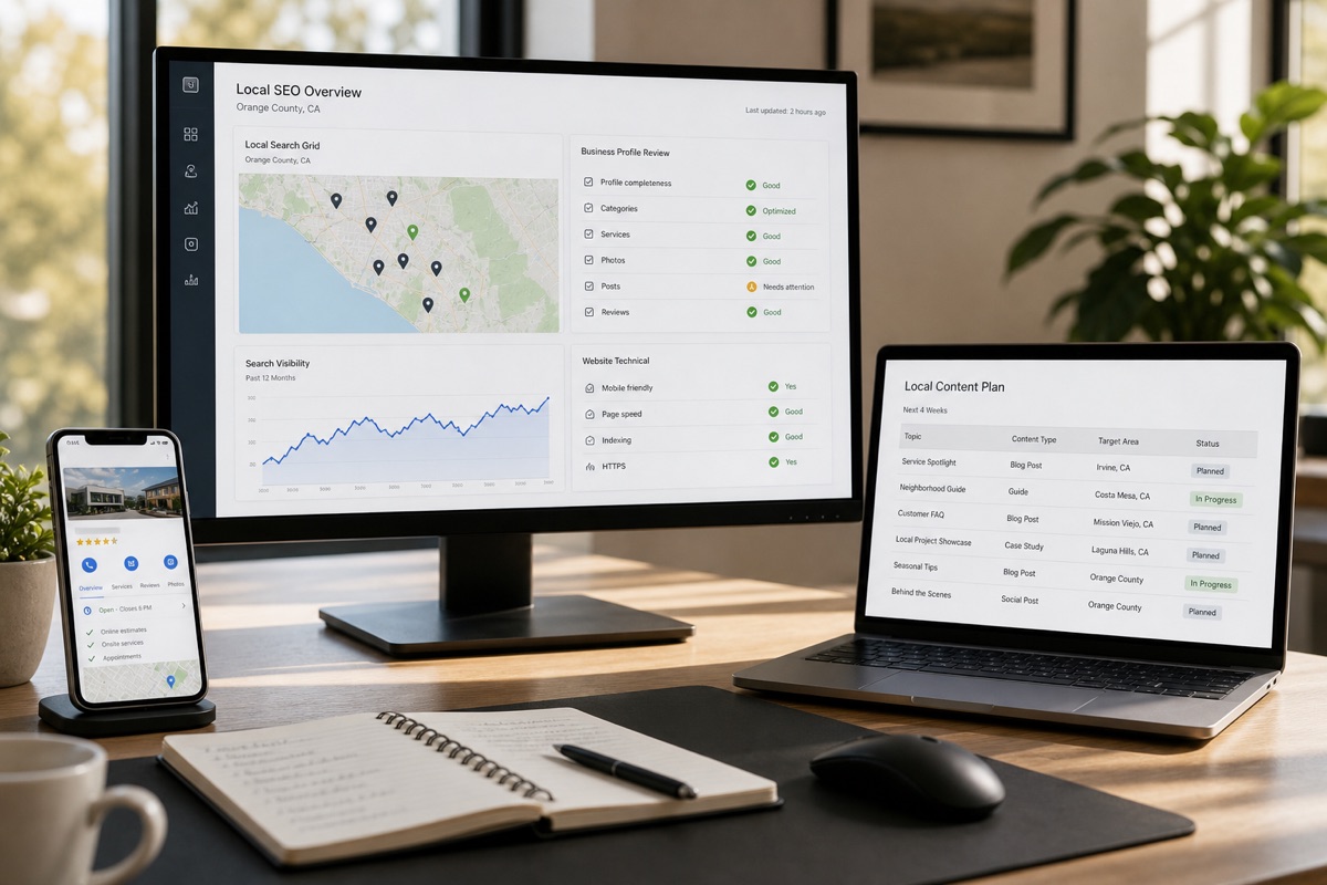 Local SEO planning workspace with an Orange County map, business profile review, technical checks, and content planning
