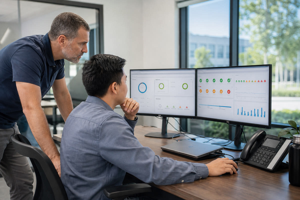 Managed IT specialists reviewing backup, endpoint, and network monitoring dashboards