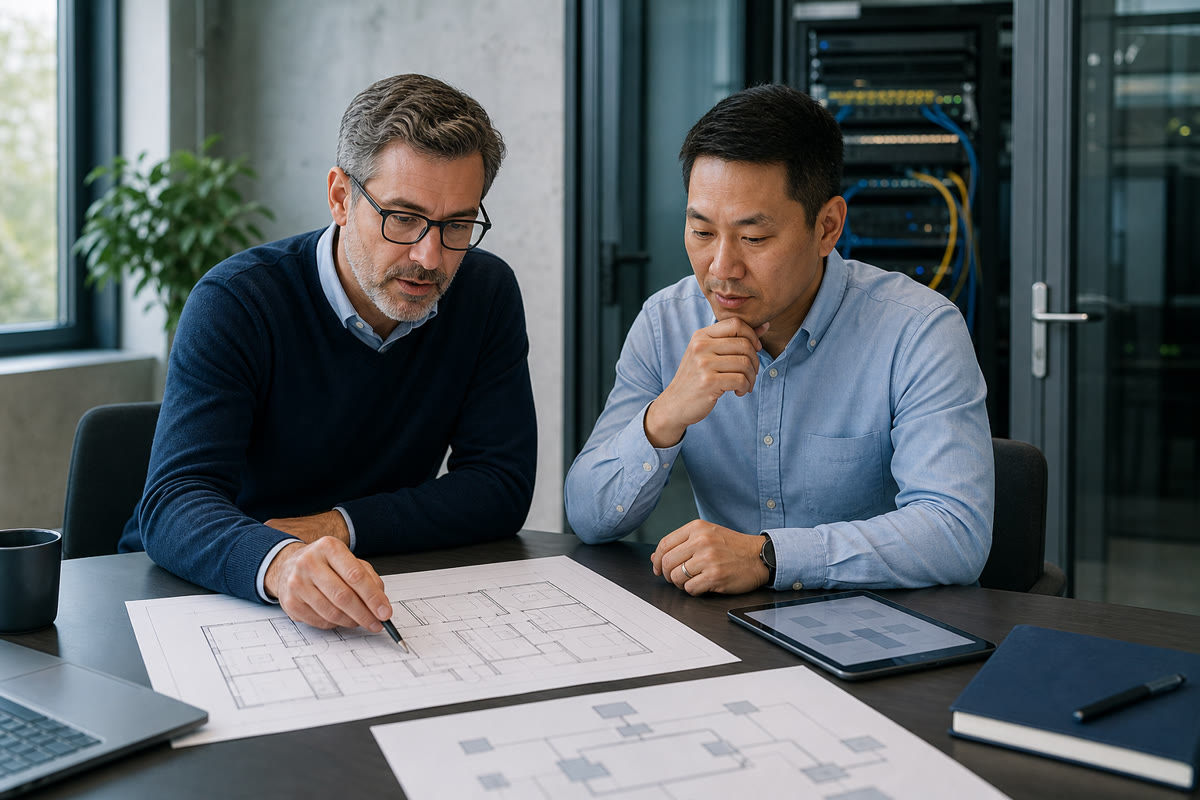 Technology advisors reviewing an office plan and infrastructure lifecycle roadmap