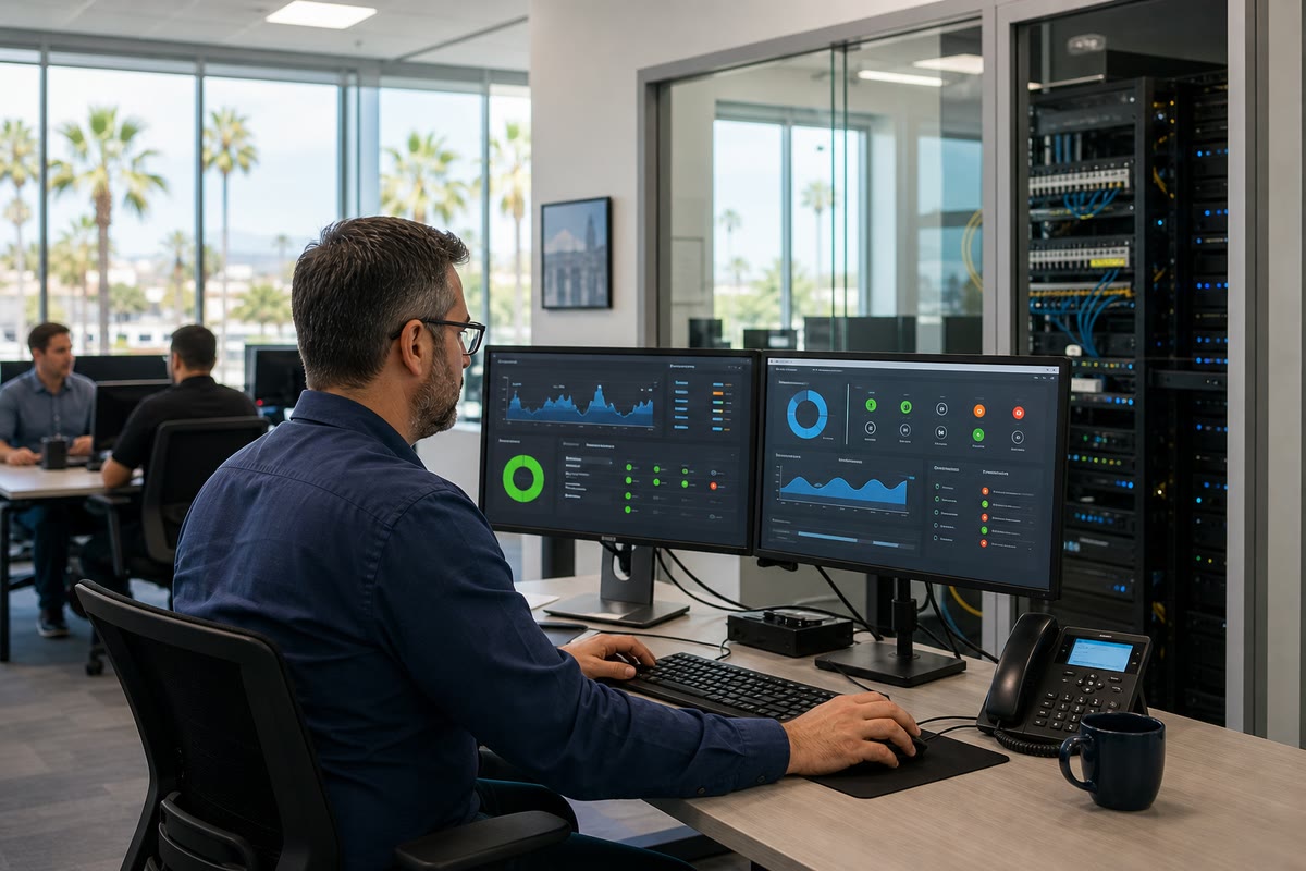 Managed IT specialist monitoring business endpoints, backups, networks, and infrastructure from a professional operations workspace