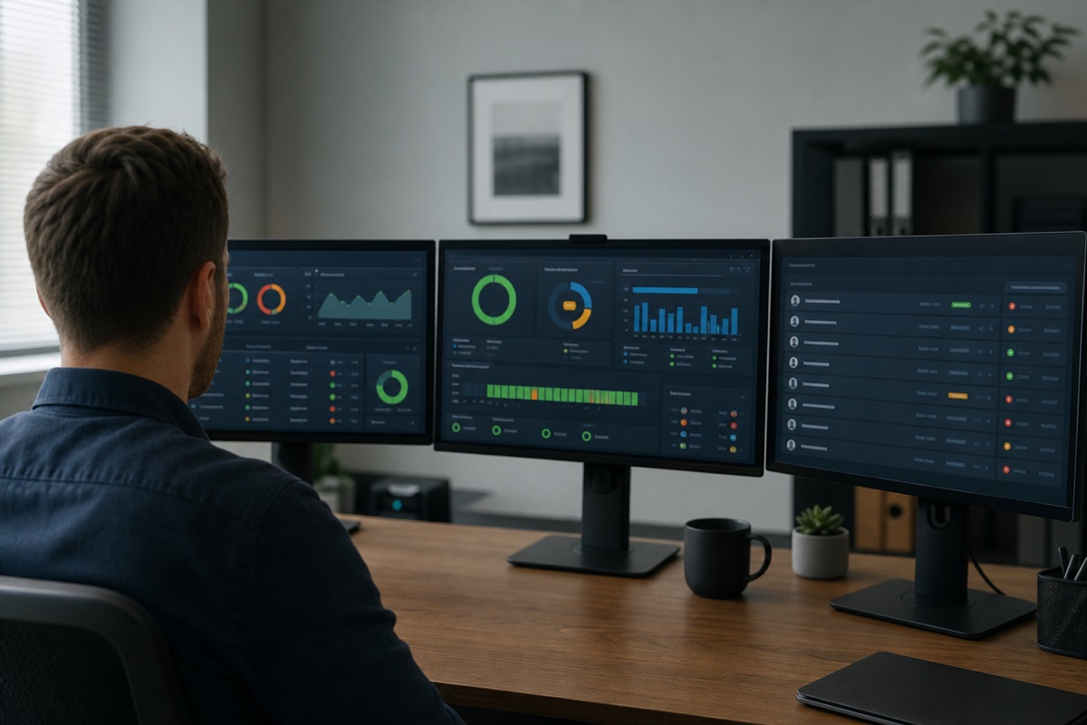 Managed IT specialist monitoring privacy-safe endpoint, backup, network, and support status