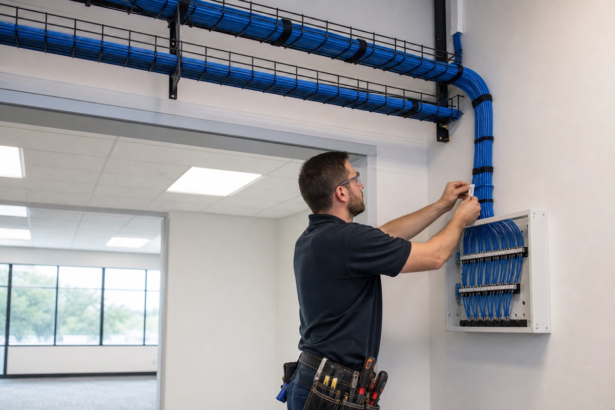 Technician labeling organized Cat6 network cabling in a commercial Orange County installation