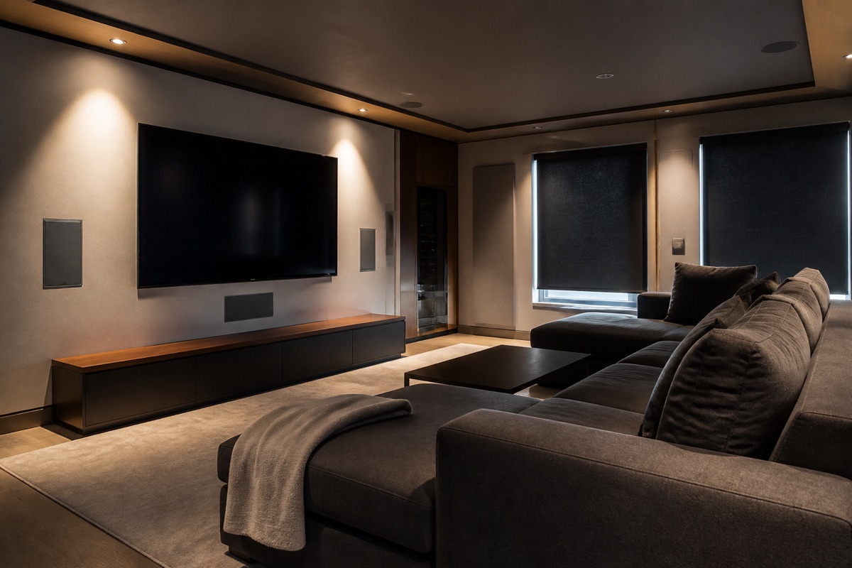 Dedicated Orange County home theater with a large display, architectural speakers, acoustic treatment, and controlled lighting