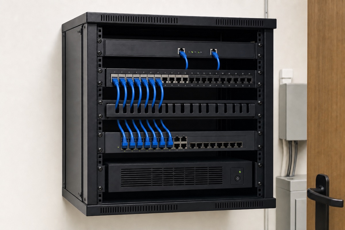 Organized healthcare network rack with a gateway, switch, patch panel, UPS, and fully seated patch cables