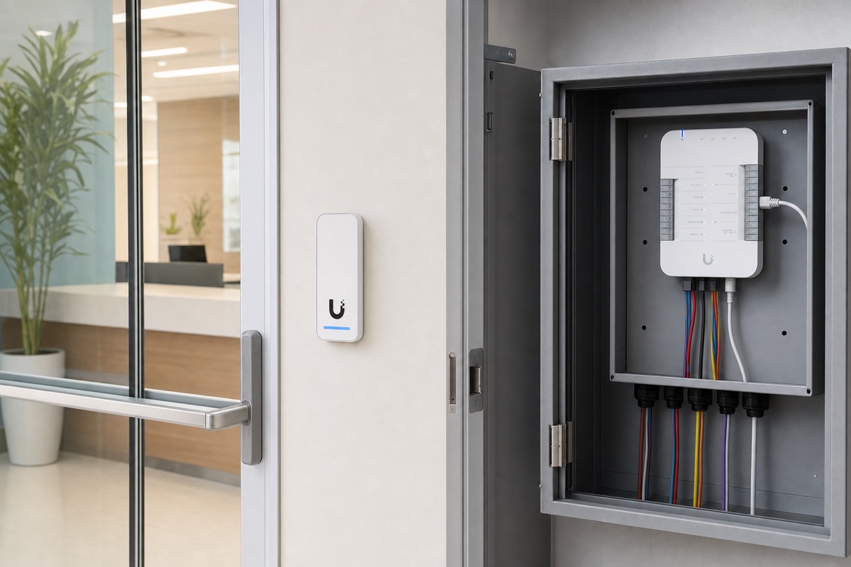 Commercial entrance with a UniFi reader, electric strike, and Door Hub installed inside a protected access-control enclosure
