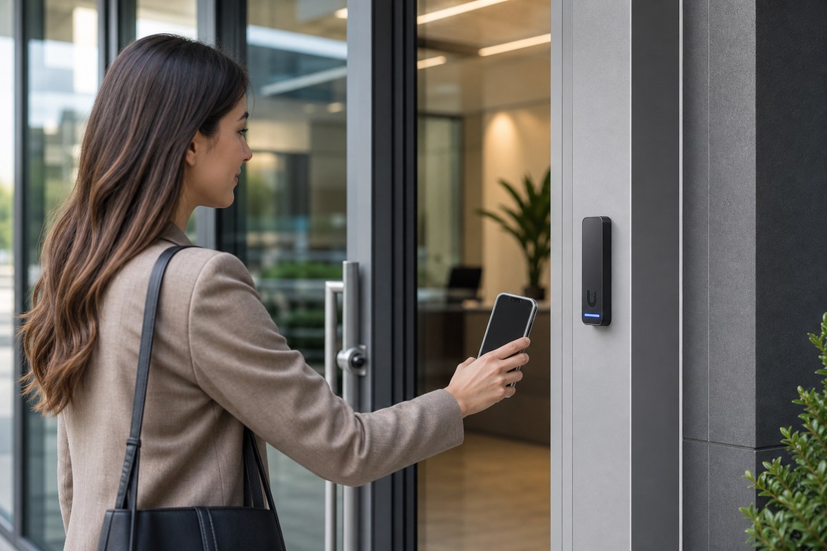 Illustration based on UniFi G3 Reader equipment, installed beside a commercial entry as an employee presents a phone credential