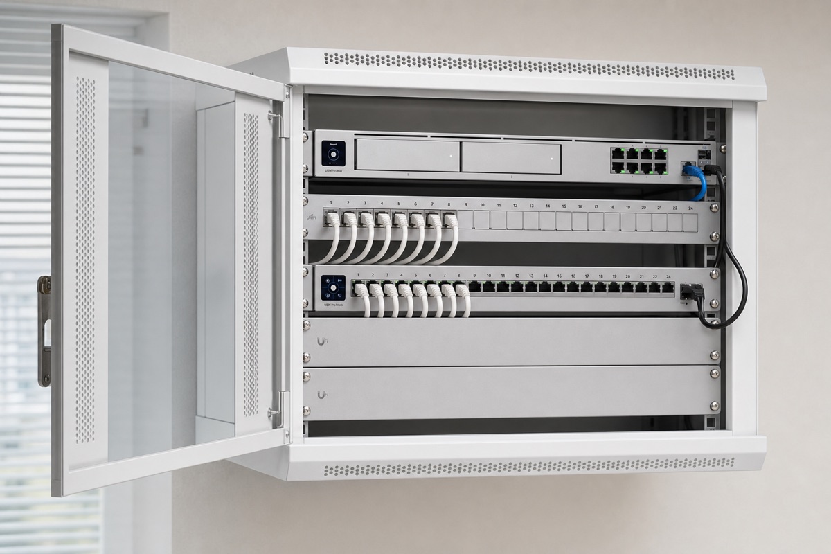 Illustrative UniFi rack under managed IT administration with organized switching, patching, and fully seated cables