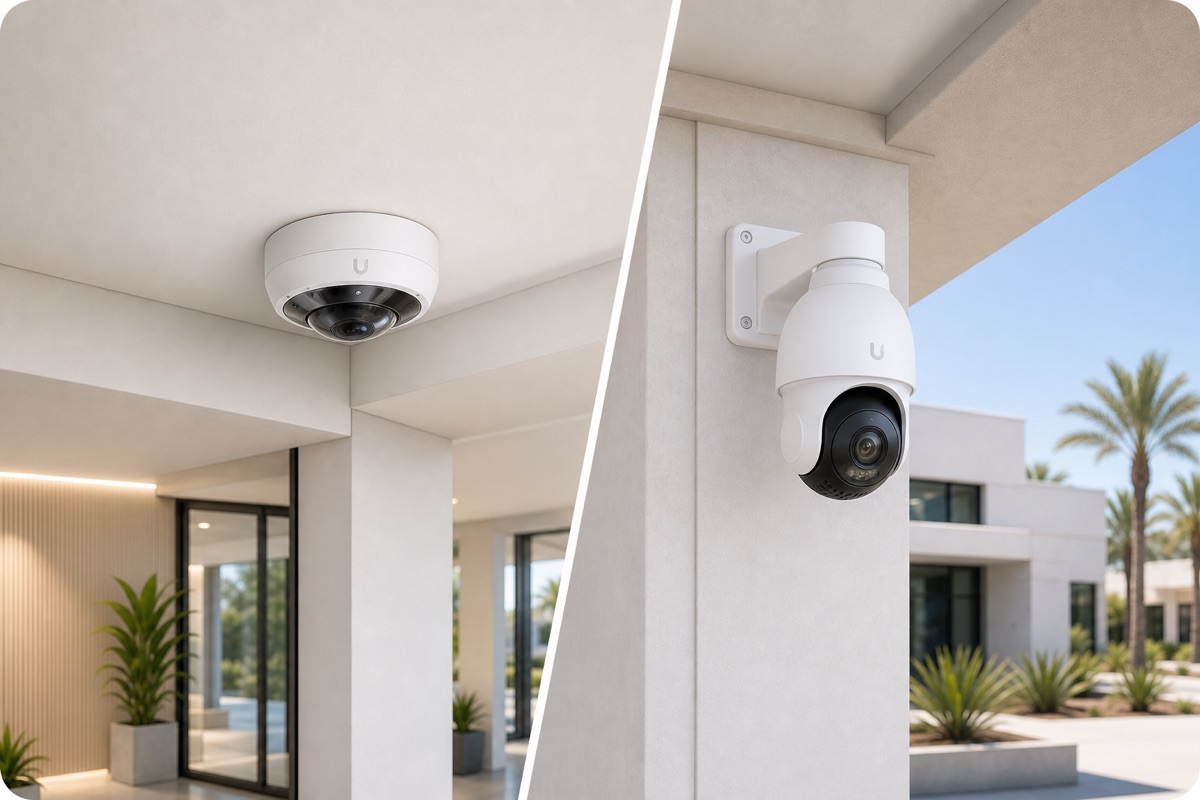 White UniFi dome and PTZ security cameras installed at separate indoor and outdoor locations