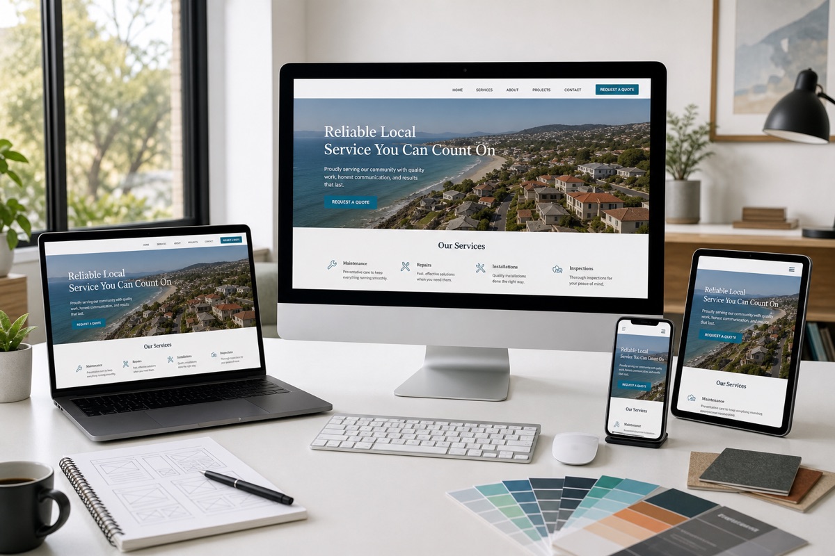 Responsive local business website displayed across desktop, laptop, tablet, and mobile screens in a design workspace